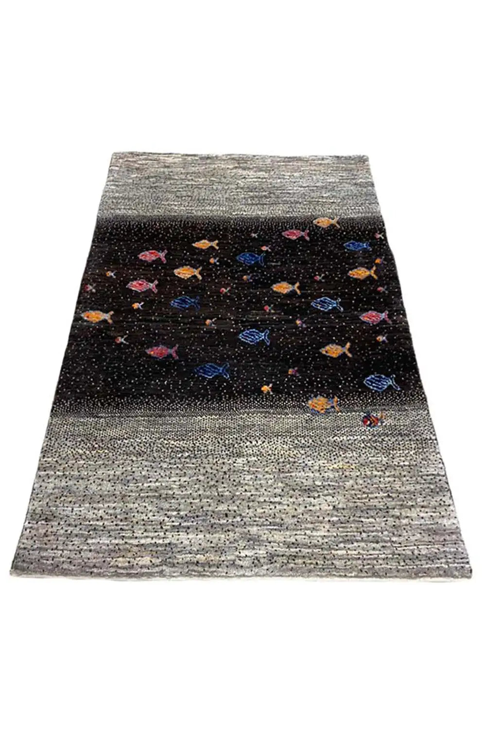 Gabbeh rug 132x83 cm, slightly spread out: gray border and black field with fish