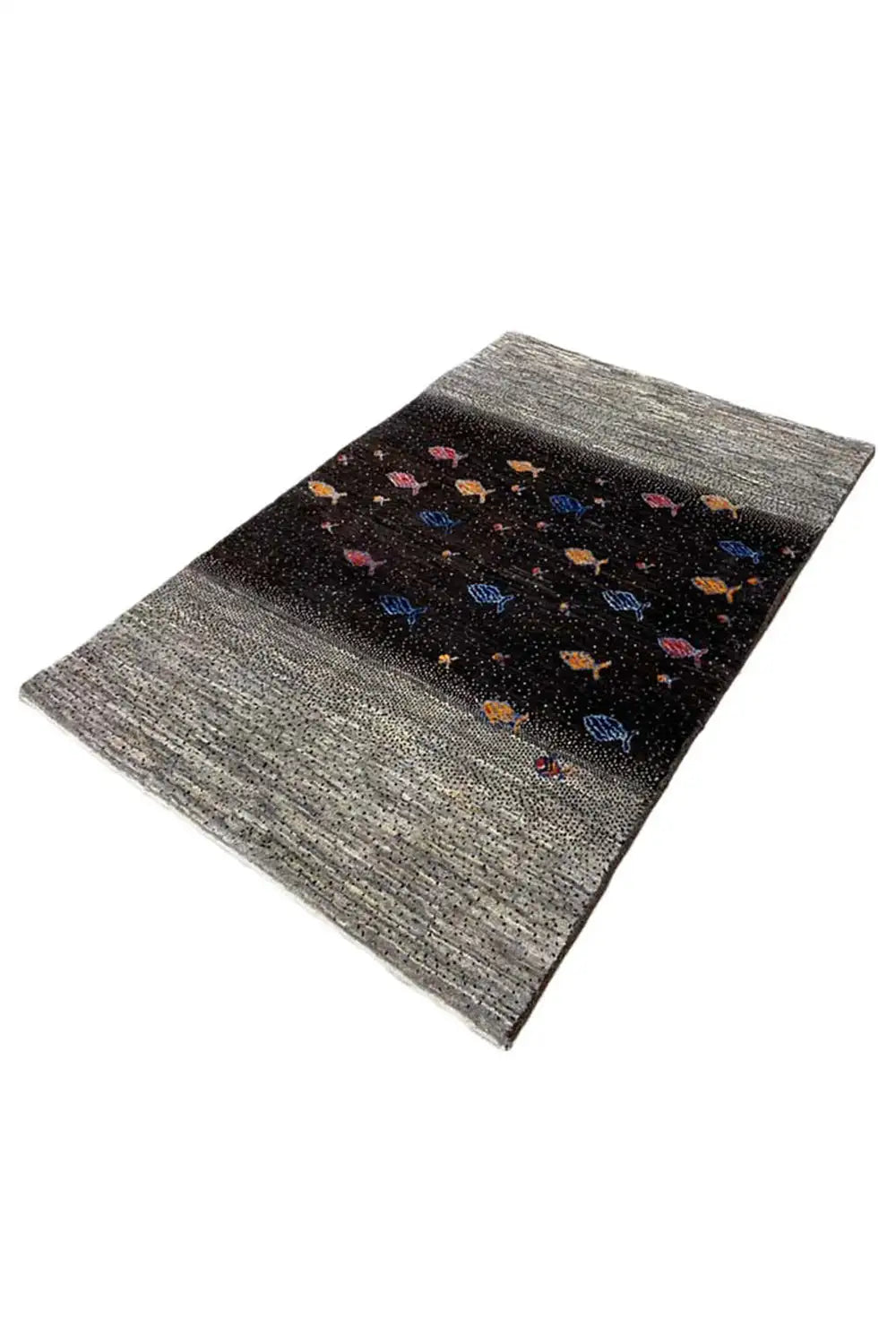 Gabbeh rug 132x83 cm, diagonal: gray sides with a black center section and colorful fish