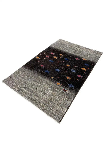 Gabbeh rug 132x83 cm, diagonal: gray sides with a black center section and colorful fish