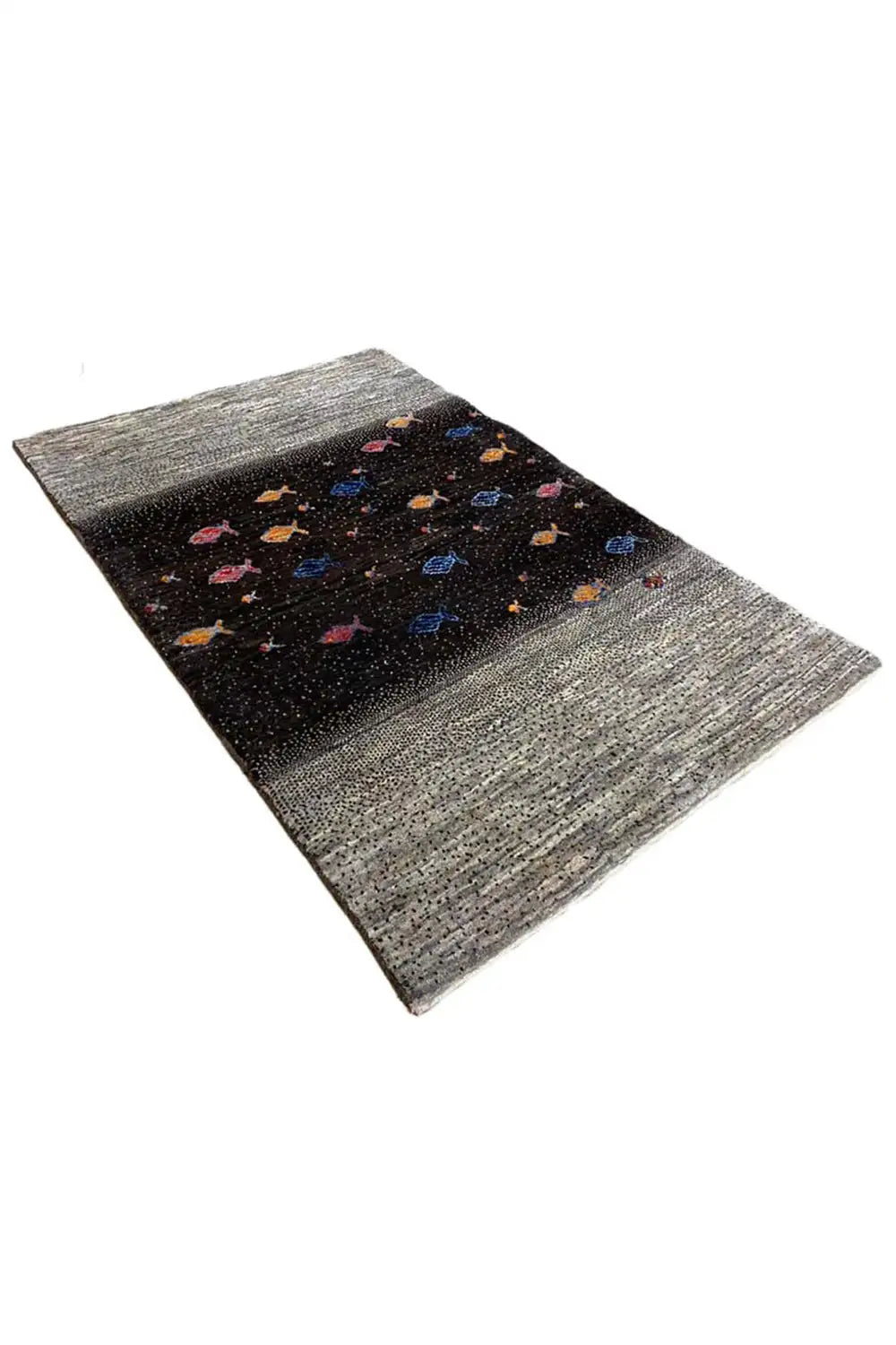 Gabbeh rug 132x83 cm, viewed diagonally from above: gray woven texture, black area with fish