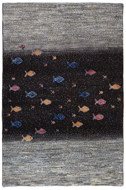 Gabbeh rug 132x83 cm: gray border, black background with colorful fish motifs