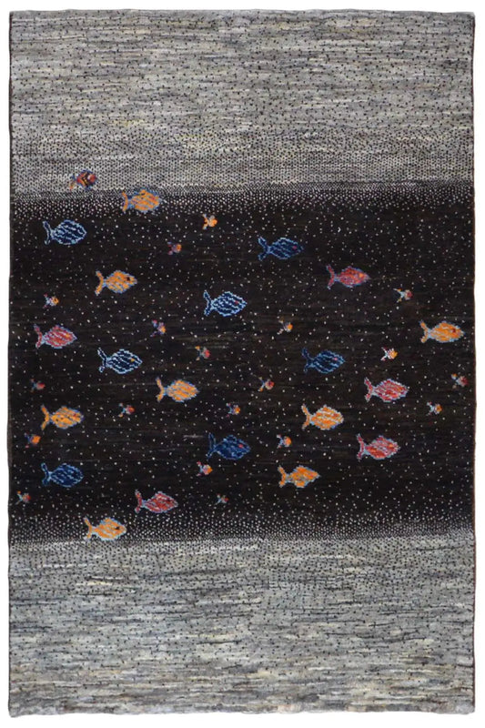 Gabbeh rug 132x83 cm: gray border, black background with colorful fish motifs