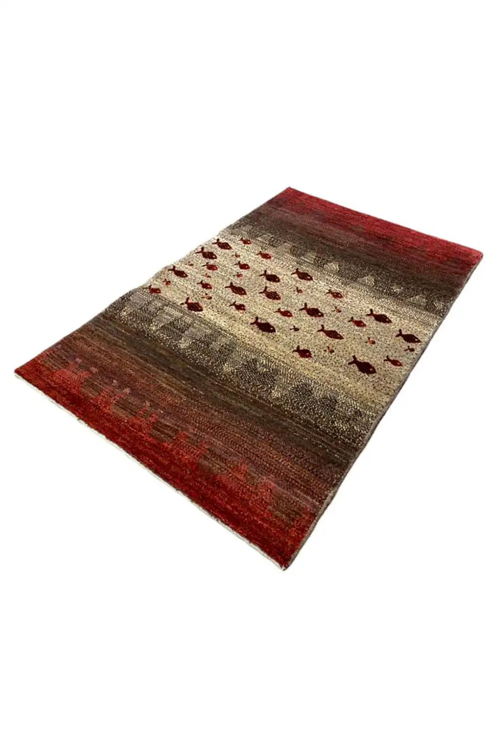 Gabbeh rug, red-and-beige patterned surface with red fish motifs, spread out diagonally