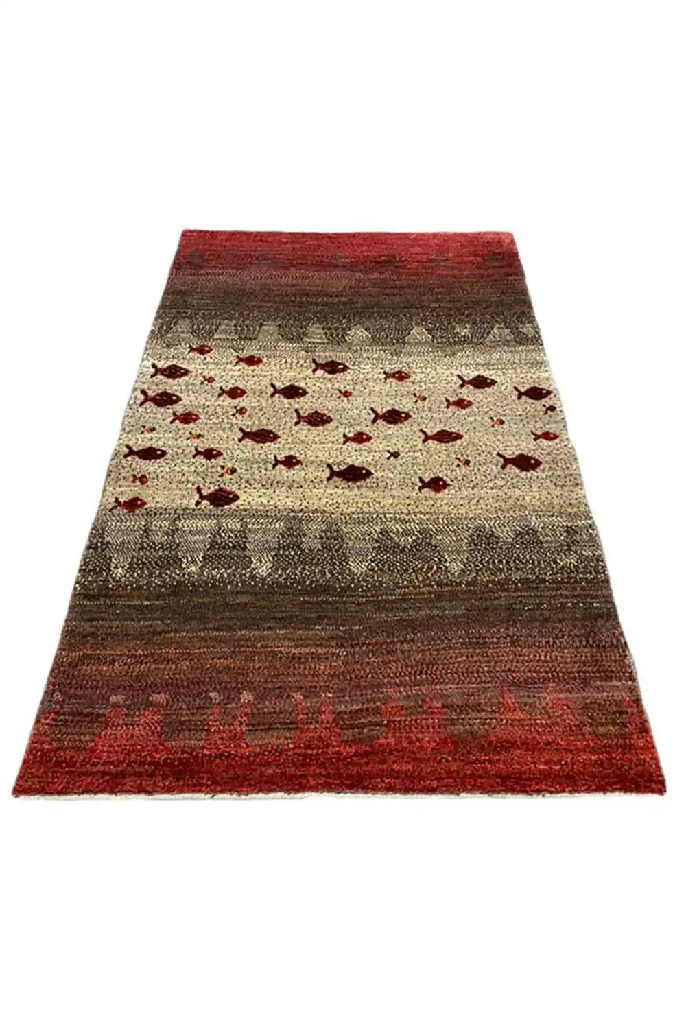 Gabbeh rug, red and beige with repeated red fish motifs and a surrounding border band