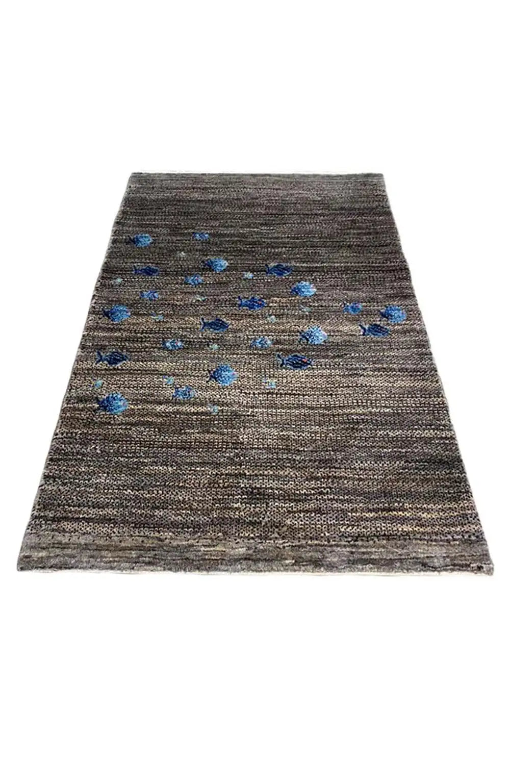 Gabbeh rug 128x82 cm, dark gray-brown look, blue patterns across the surface