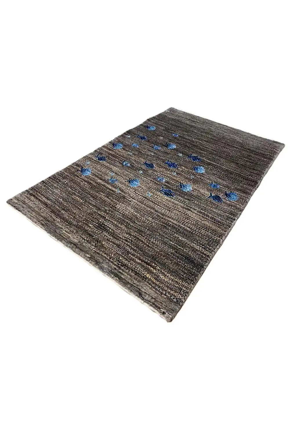 Gabbeh rug 128x82 cm, dark mottled background with numerous blue motifs