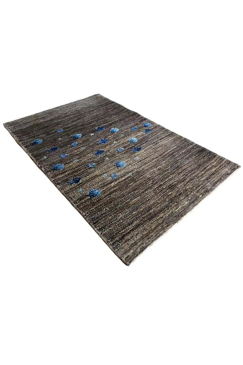 Gabbeh rug 128x82 cm, angled view: dark mottled, blue rows of patterns