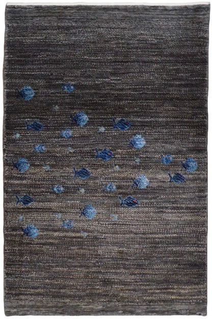 Gabbeh rug 128x82 cm, dark mottled, with blue floral patterns