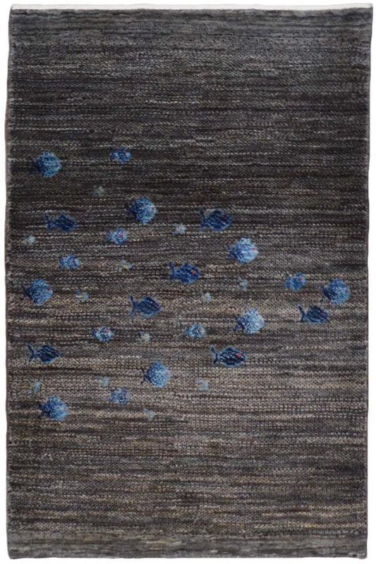 Gabbeh rug 128x82 cm, dark mottled, with blue floral patterns