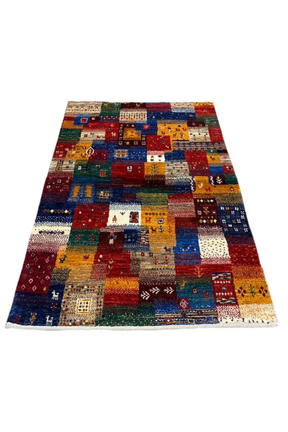 Gabbeh rug 130x86 cm, flat-weave: colorful patchwork fields with geometric motifs