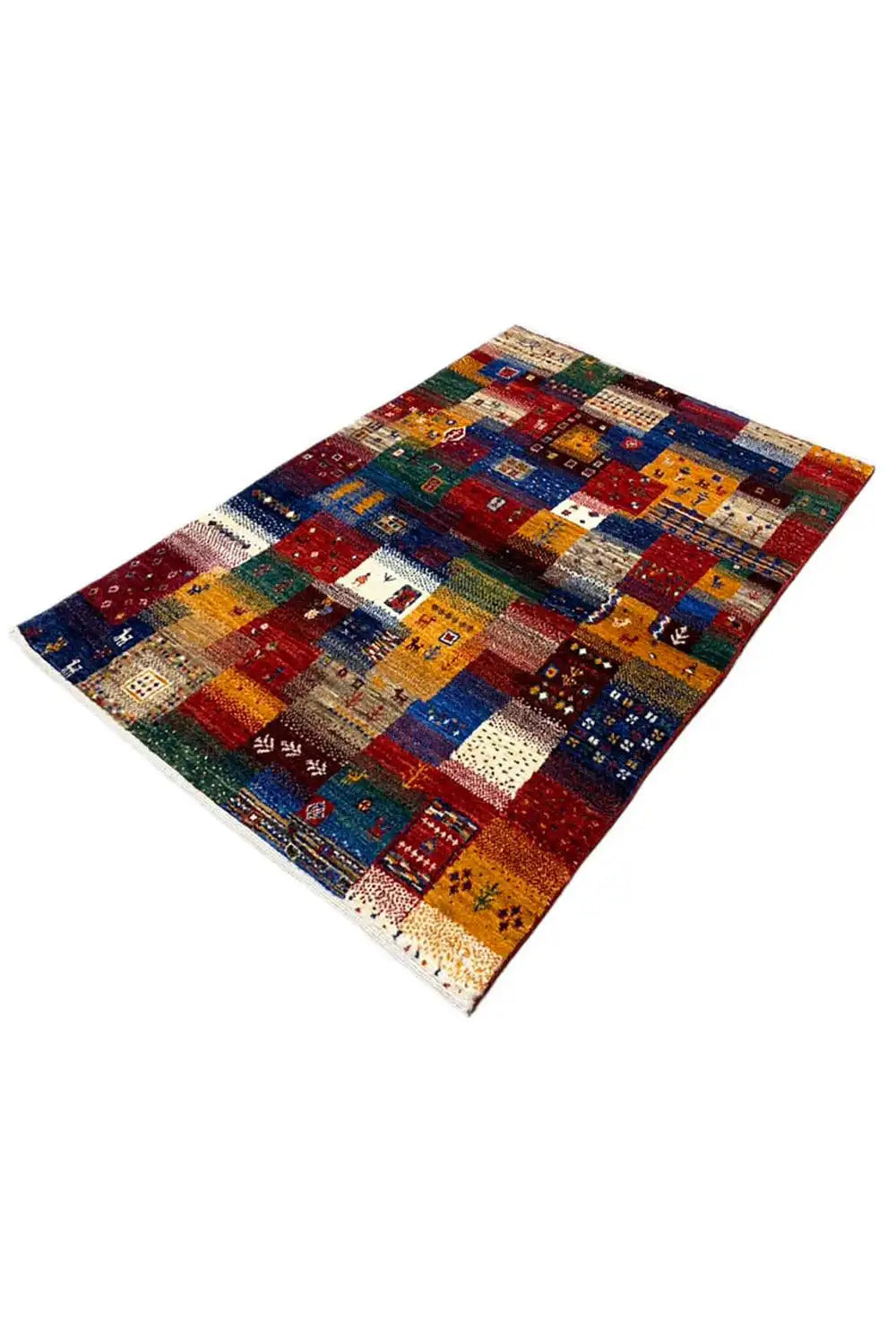Gabbeh rug 130x86 cm, diagonal: Patchwork of colorful squares and ornaments