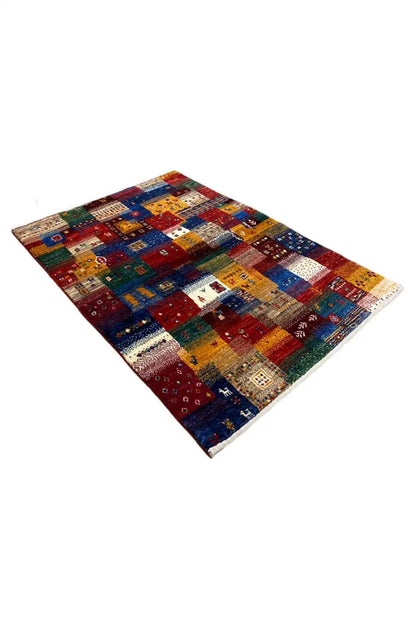 Gabbeh rug 130x86 cm, angled: multicolored tile pattern with many details