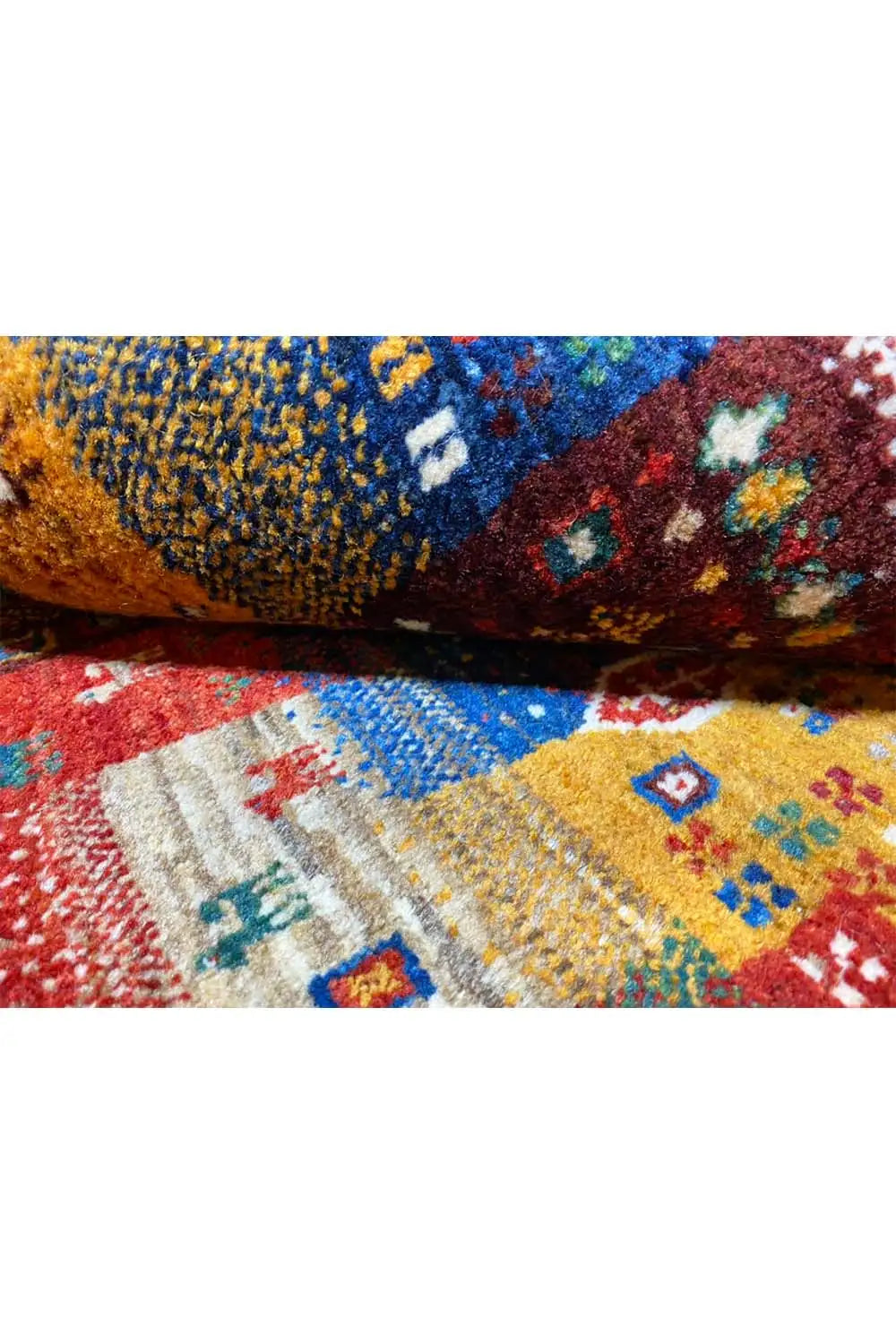 Gabbeh rug 130x86 cm pile detail: rolled edge, colorful patterns and texture