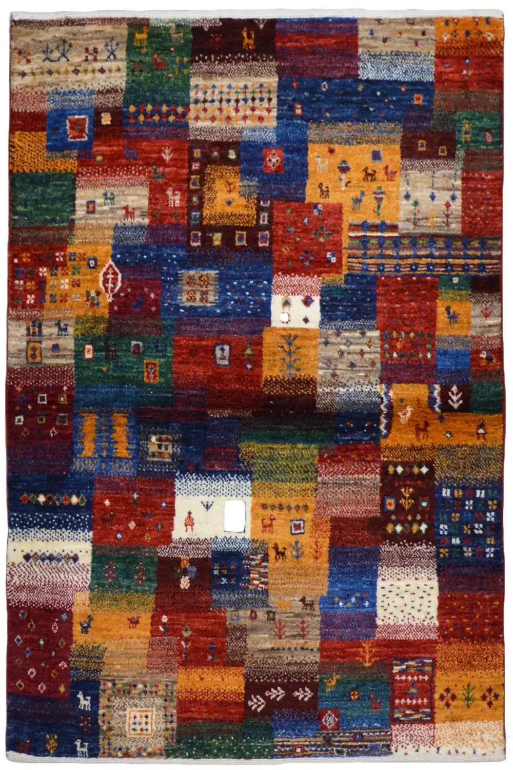 Gabbeh rug 130x86 cm with multicolored patchwork squares and patterns
