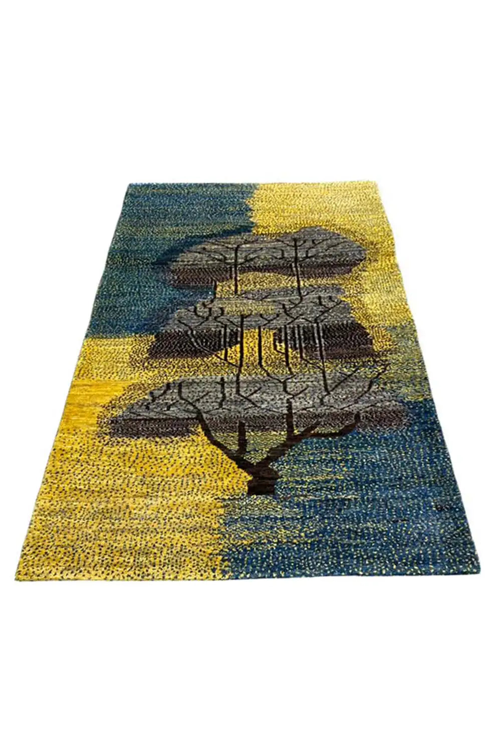 Gabbeh rug 125x79 cm with a blue-yellow gradient and dark tree ornament