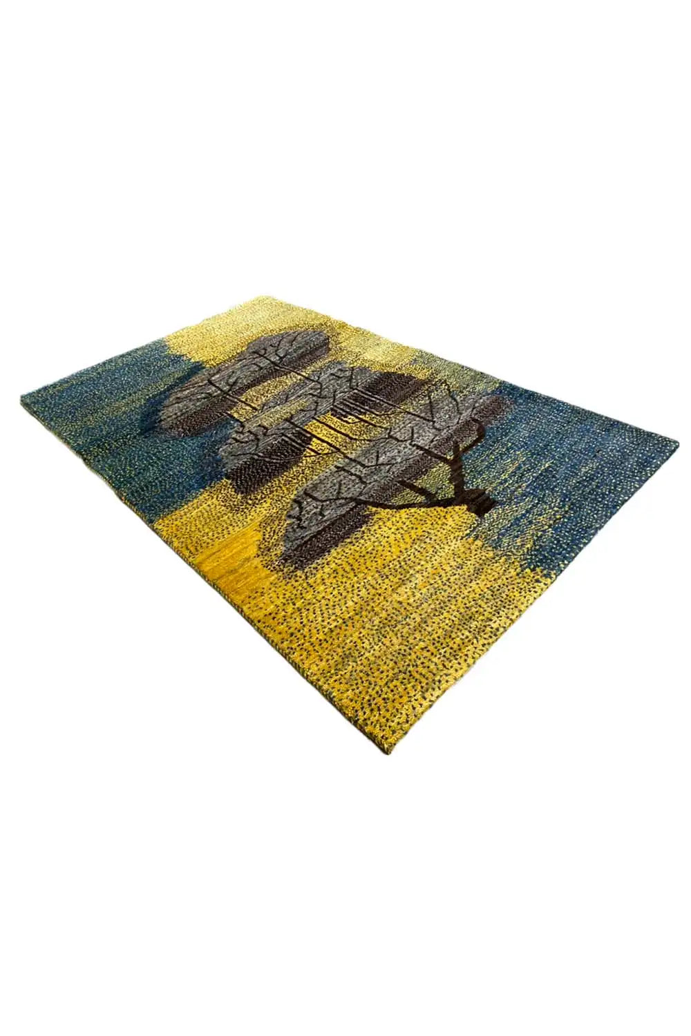 Gabbeh rug 125x79 cm, blue-yellow with dark tree ornament in diagonal view