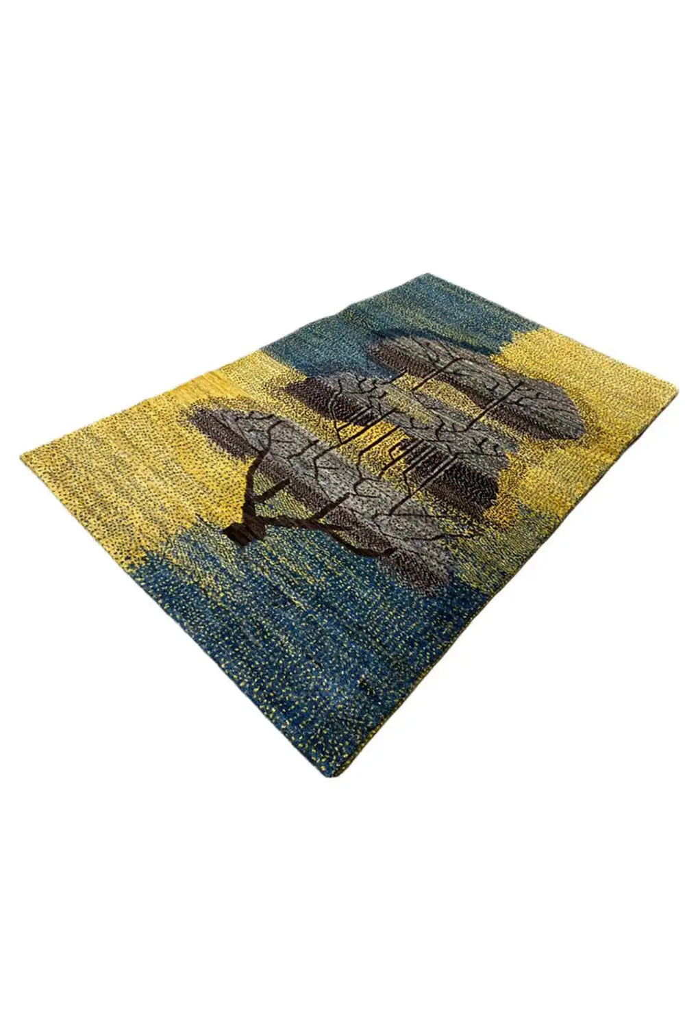 Gabbeh rug 125x79 cm with a blue-and-yellow speckled pattern and dark tree ornament