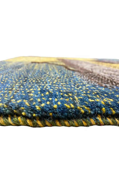Gabbeh rug 125x79 cm border detail with short pile and blue-yellow color zone