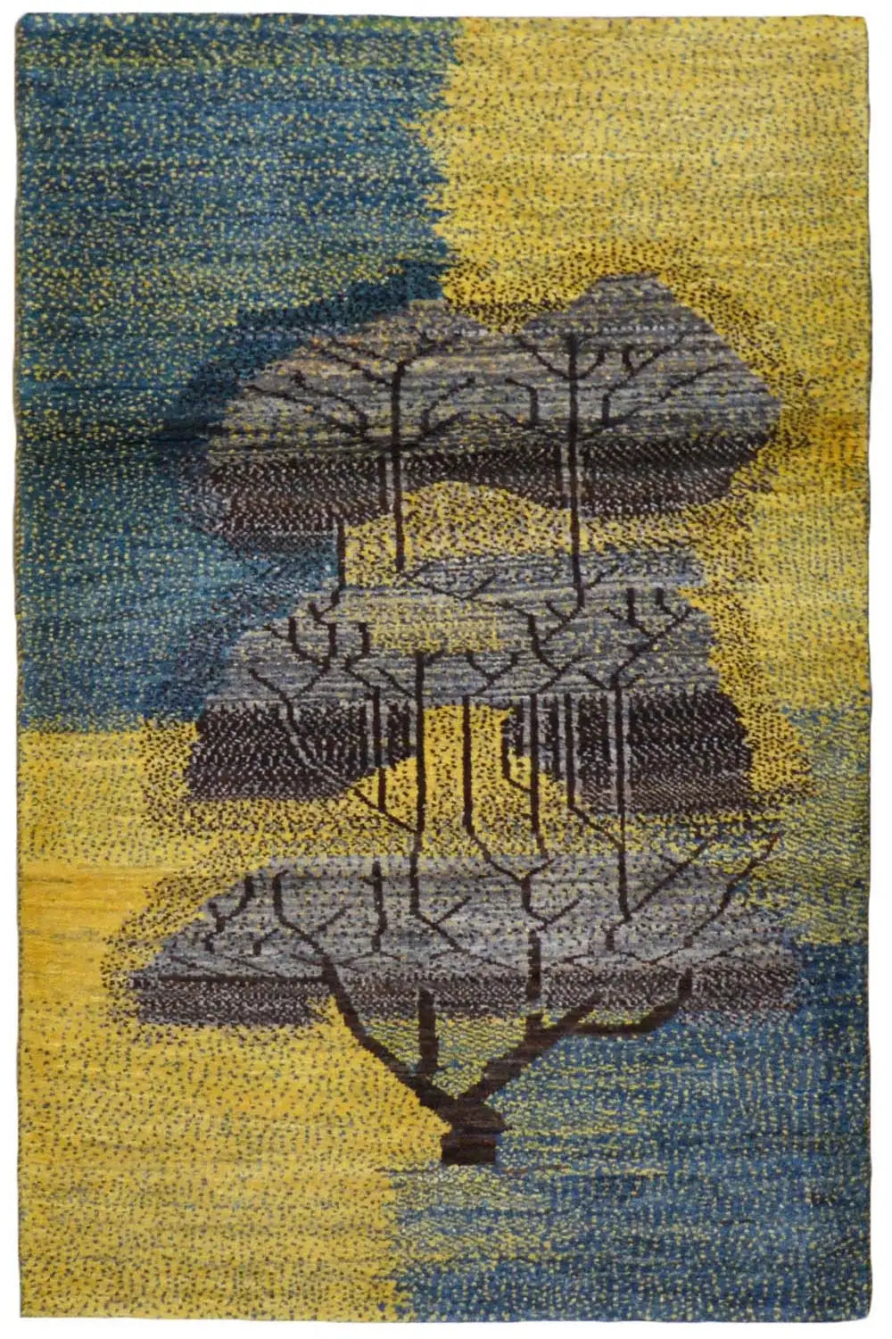 Gabbeh rug 125x79 cm with a blue-and-yellow pattern and dark tree ornament
