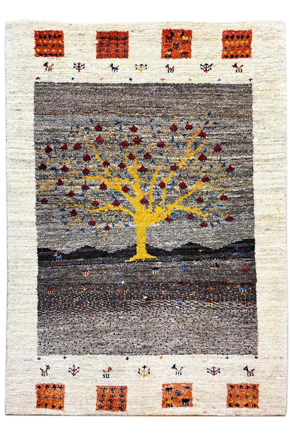 Gabbeh rug Lori: straight-on view with a yellow tree, colorful dots, and orange squares