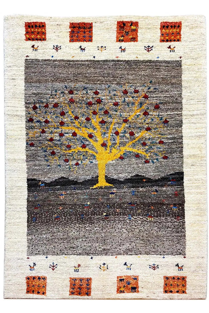 Gabbeh rug Lori: straight-on view with a yellow tree, colorful dots, and orange squares