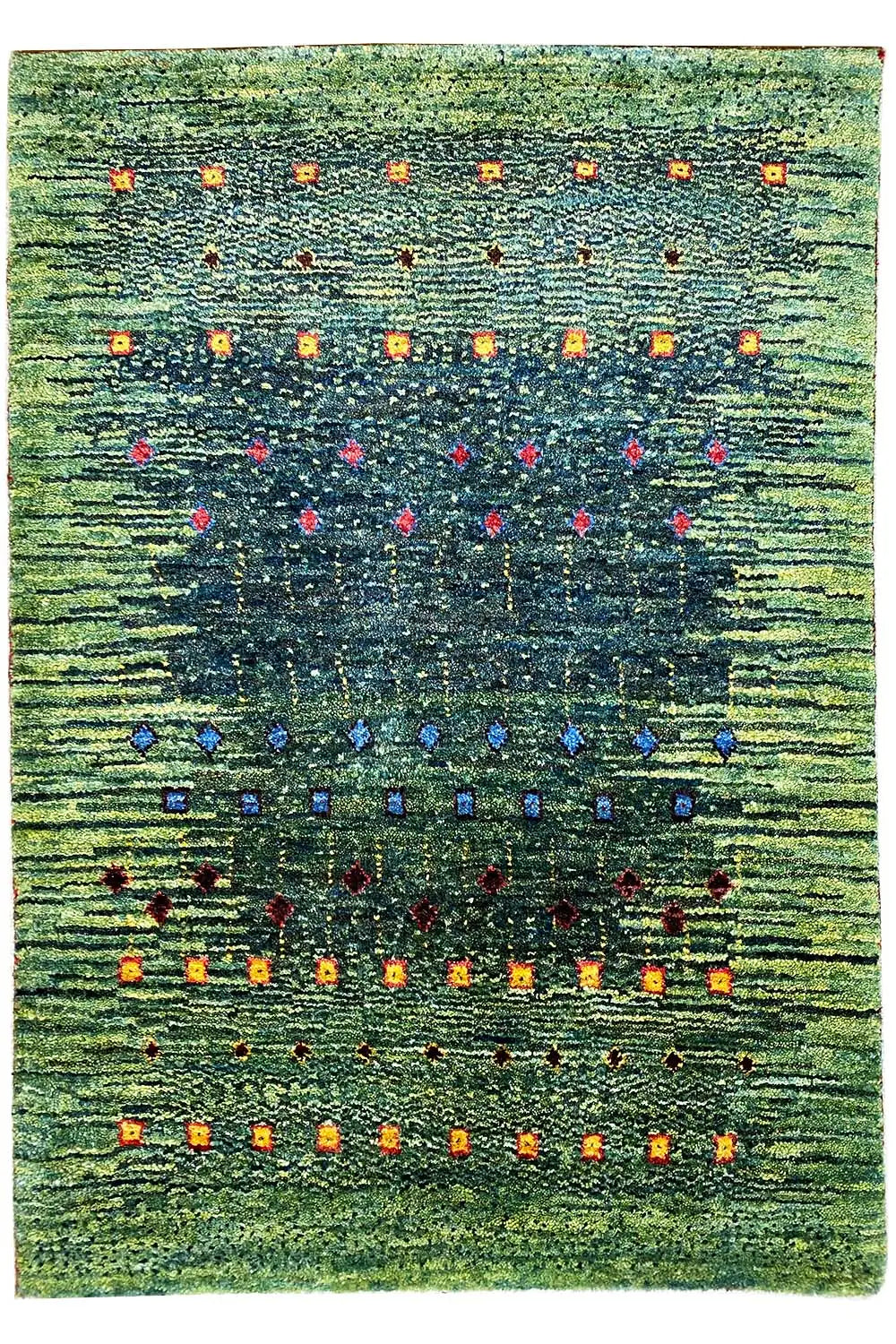 Lori Gabbeh rug, flat-weave, green with multicolored stripes made of patterned dots, 95x61 cm