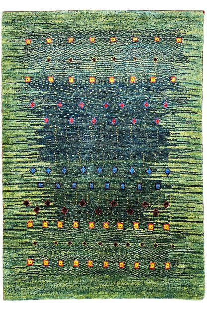 Lori Gabbeh rug, flat-weave, green with multicolored stripes made of patterned dots, 95x61 cm