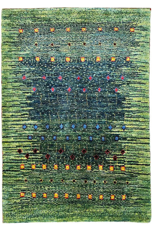 Lori Gabbeh rug, flat-weave, green with multicolored stripes made of patterned dots, 95x61 cm