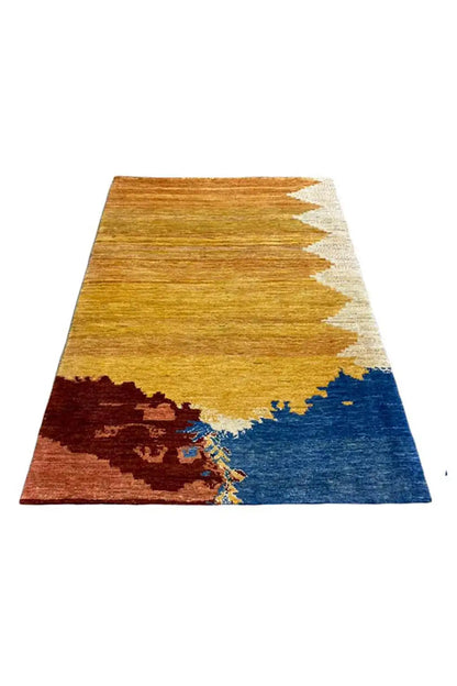 Gabbeh rug 119x82 cm, abstract ribbon design in blue, yellow and rust brown