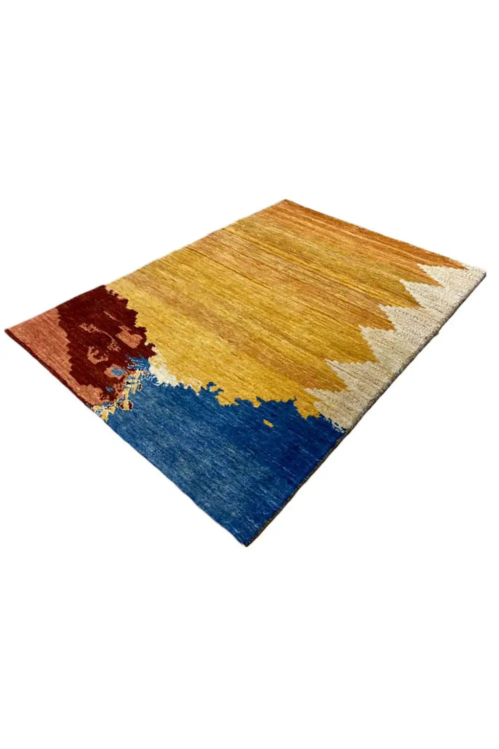 Gabbeh rug 119x82 cm, abstract pattern in mustard yellow, blue and rust brown