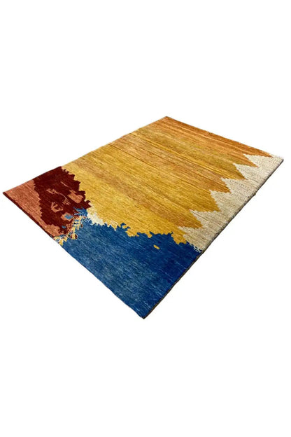 Gabbeh rug 119x82 cm, abstract pattern in mustard yellow, blue and rust brown