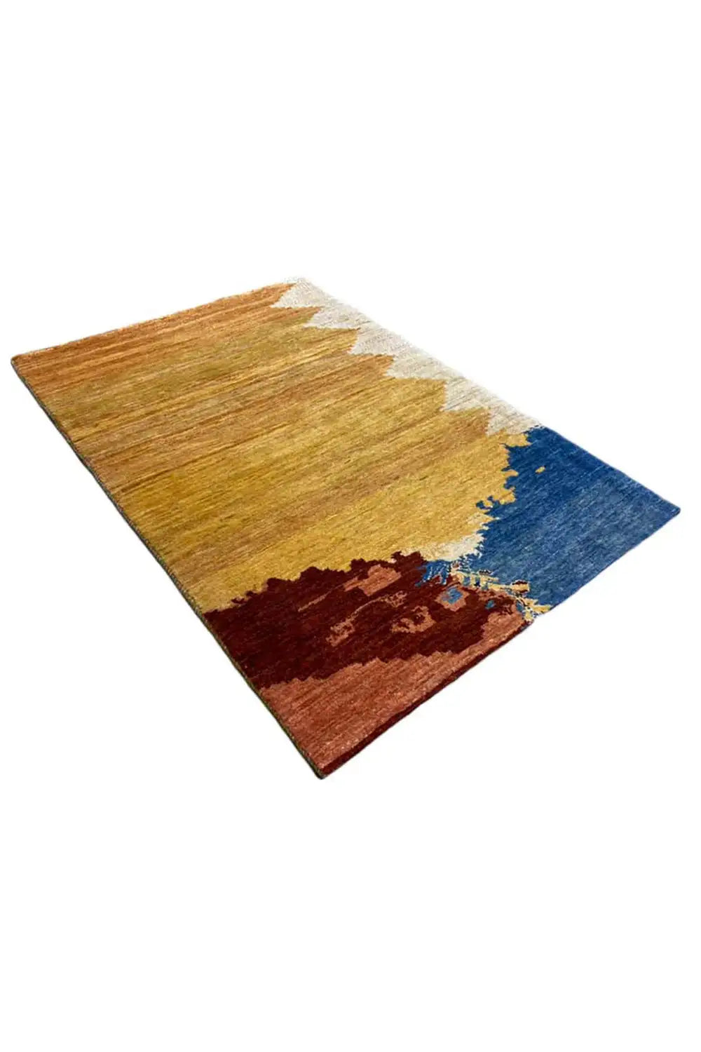 Gabbeh rug 119x82 cm, diagonal pattern in blue, ochre and rust brown