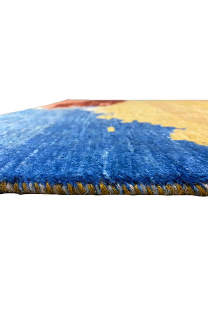 Gabbeh rug with pile border and fringes, blue-yellow accents