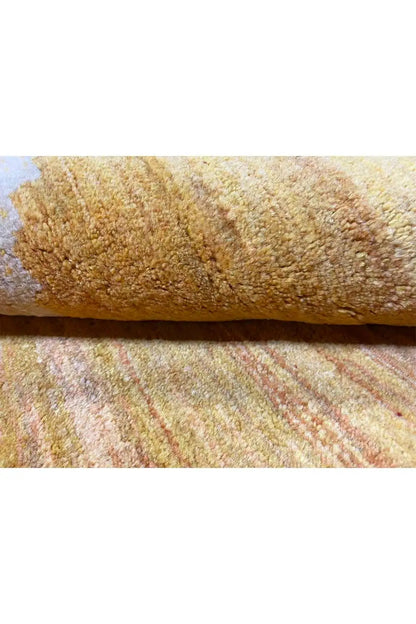 Gabbeh rug close-up of the pile structure, beige with colorful pattern elements