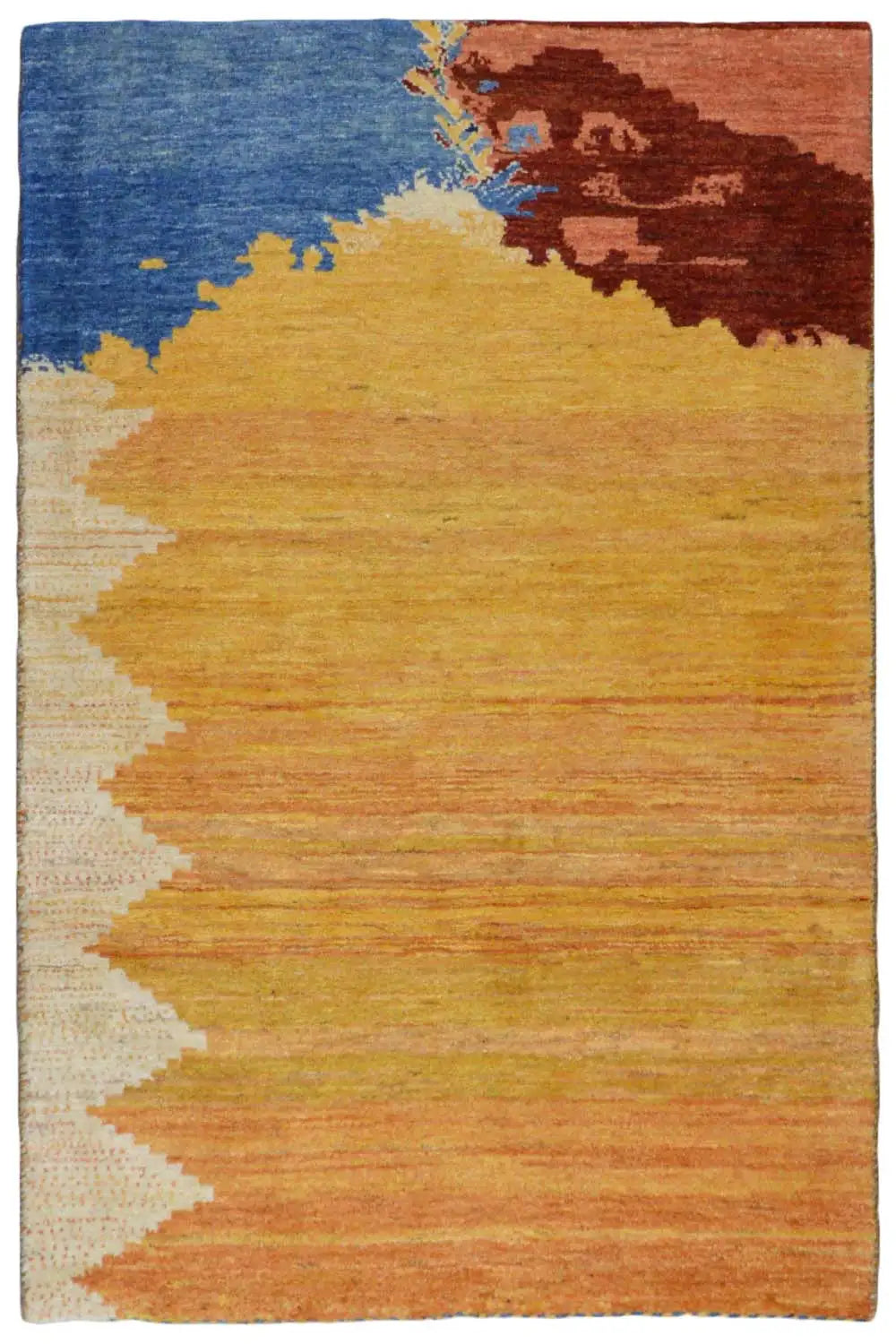 Gabbeh rug 119x82 cm with a geometric pattern in blue, yellow, and brown
