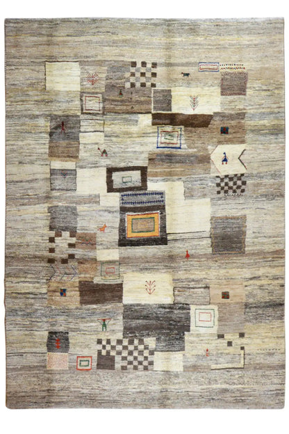 Gabbeh rug, overall view with geometric squares in beige and gray