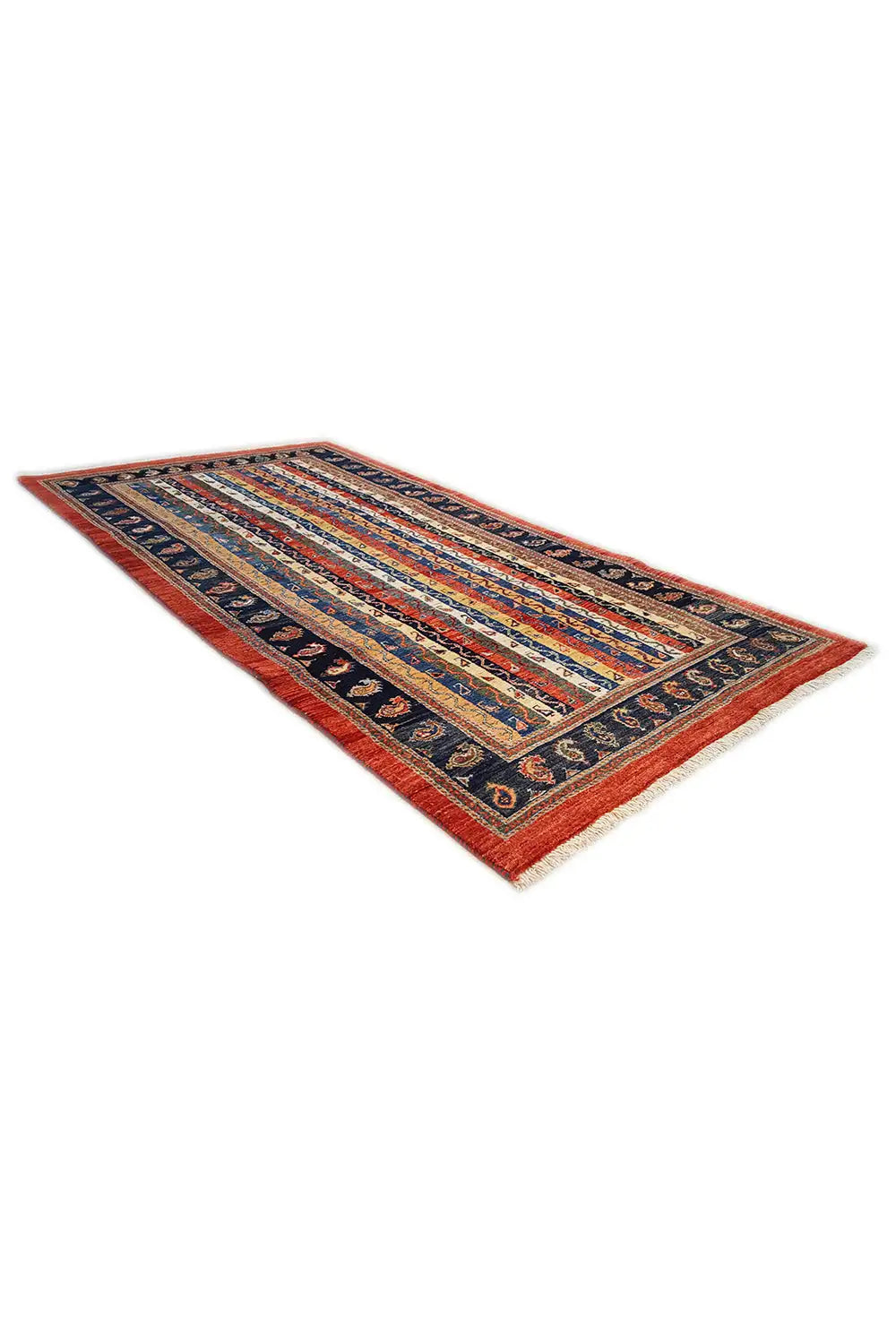 Oriental rug, geometric striped pattern in blue, red and yellow, 193x101 cm