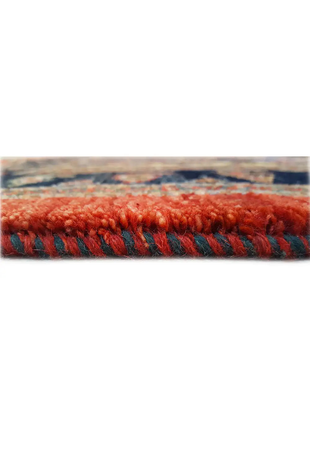 Oriental rug with a colorful border and dense pile; knotted tassels at the edge