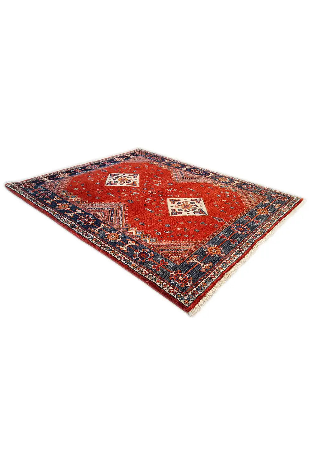 Red-blue rug with a square pattern and two small diamonds in the center