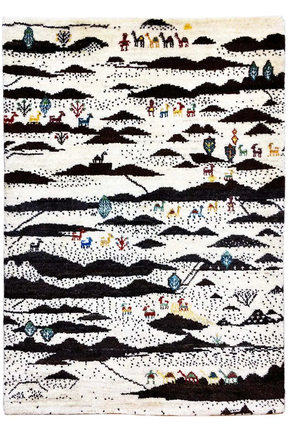 Gabbeh rug laid flat, striped pattern in cream and black with figure details