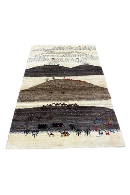 Gabbeh rug (132x84 cm), narrow design with landscape motifs in beige, brown, and black