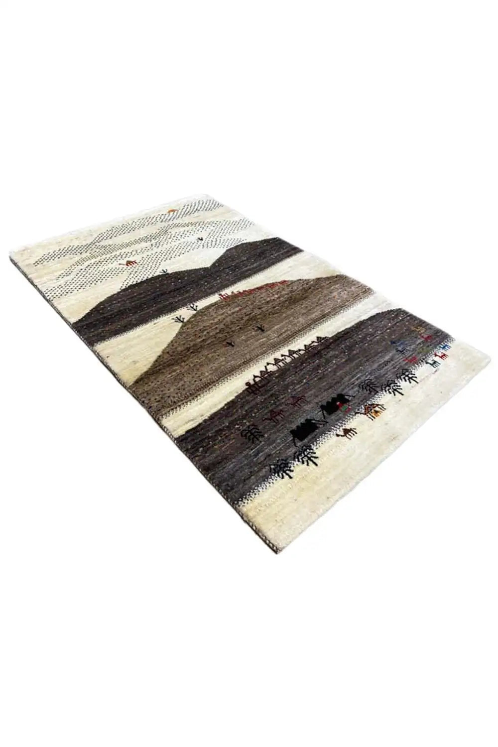 Gabbeh rug (132x84 cm) viewed from the side: beige border, dark color stripes and patterns