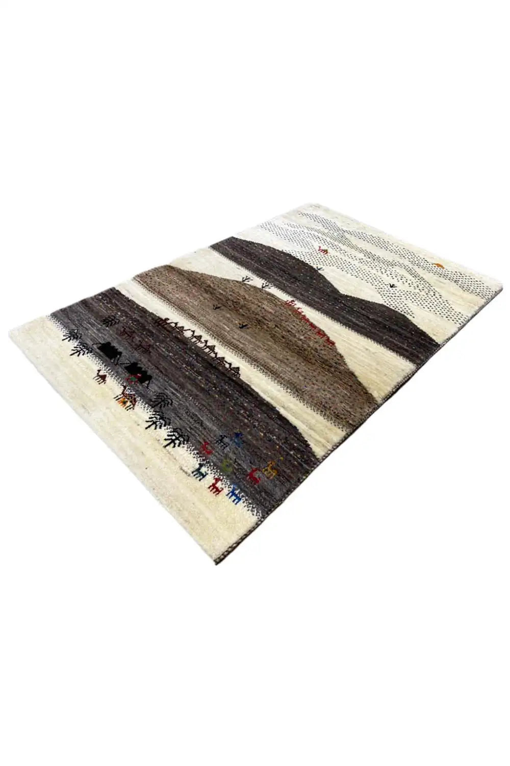 Gabbeh rug (132x84 cm) positioned at an angle, beige surface with broad brown-black zones