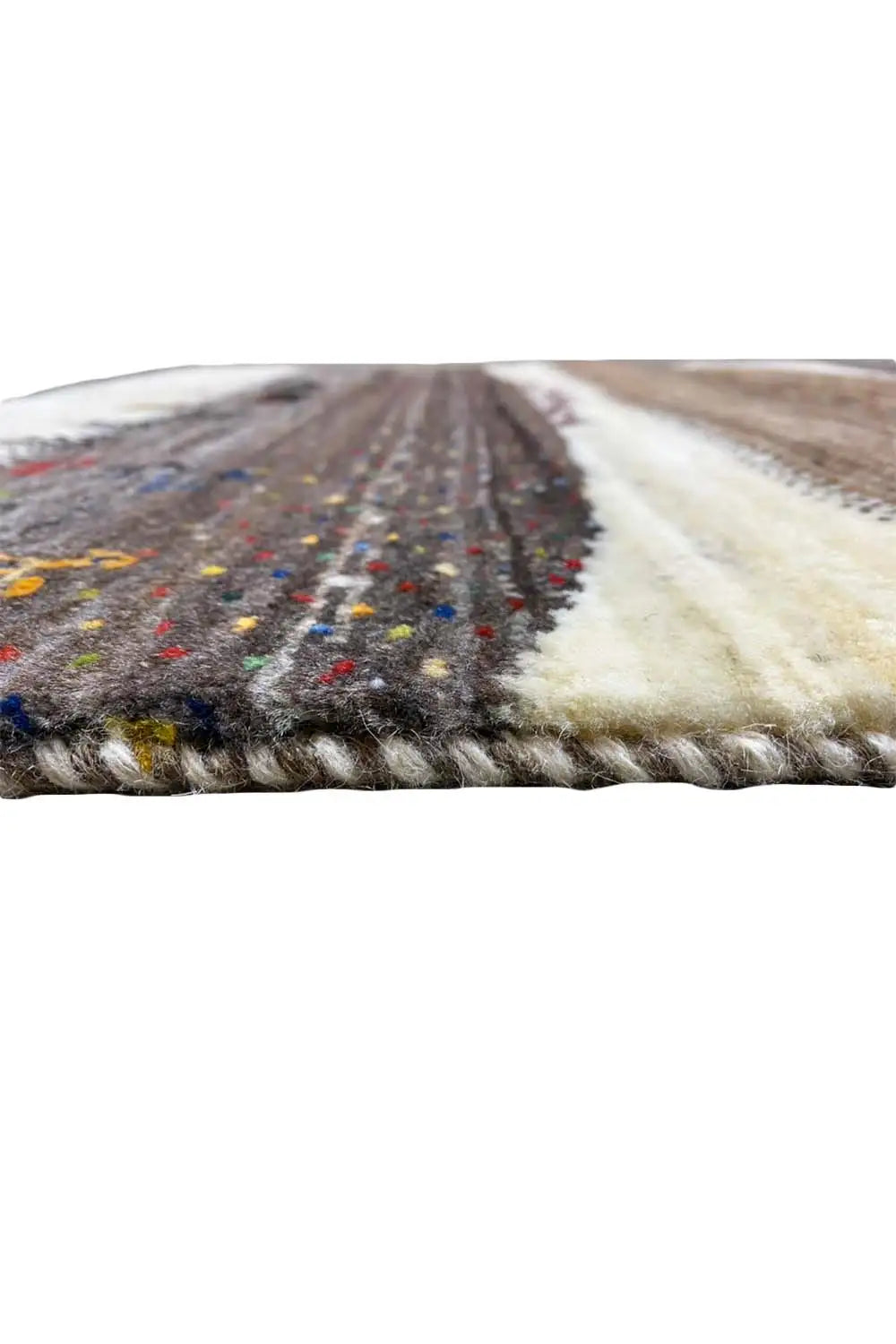 Gabbeh rug (132x84 cm), close-up of the selvedge with a multicolored pattern and fringes