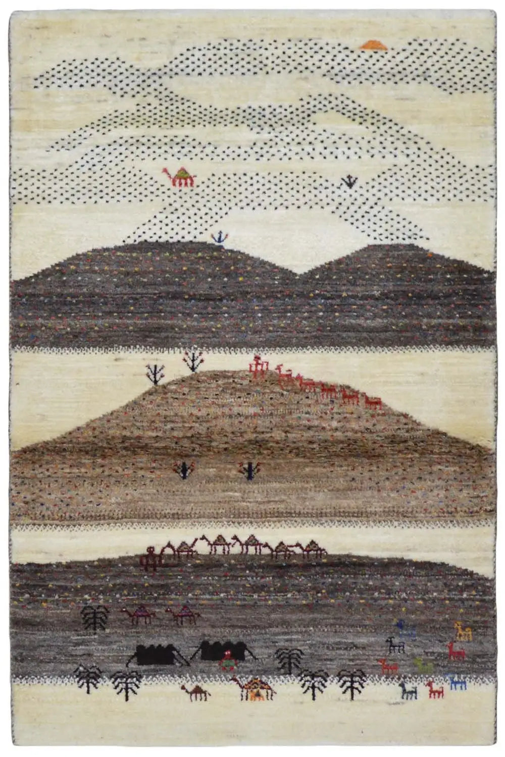 Gabbeh rug (132x84 cm) with a beige background, dark brown stripes, and figurative patterns