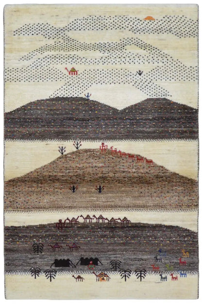 Gabbeh rug (132x84 cm) with a beige background, dark brown stripes, and figurative patterns