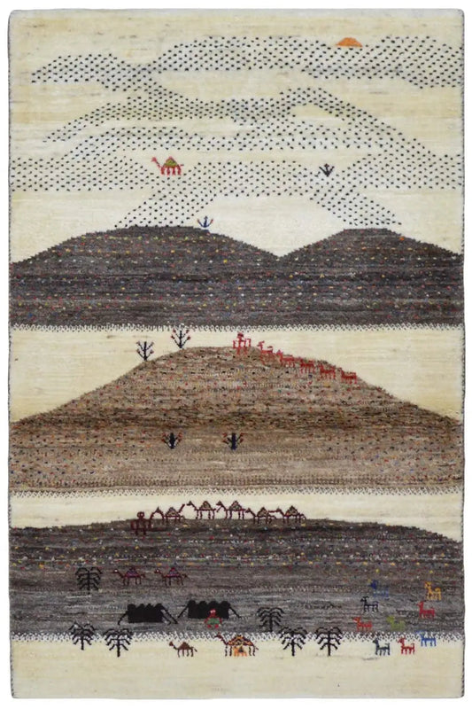 Gabbeh rug (132x84 cm) with a beige background, dark brown stripes, and figurative patterns