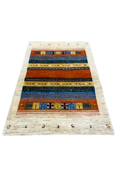 Rug with geometric bands in orange, blue, and cream, rectangular