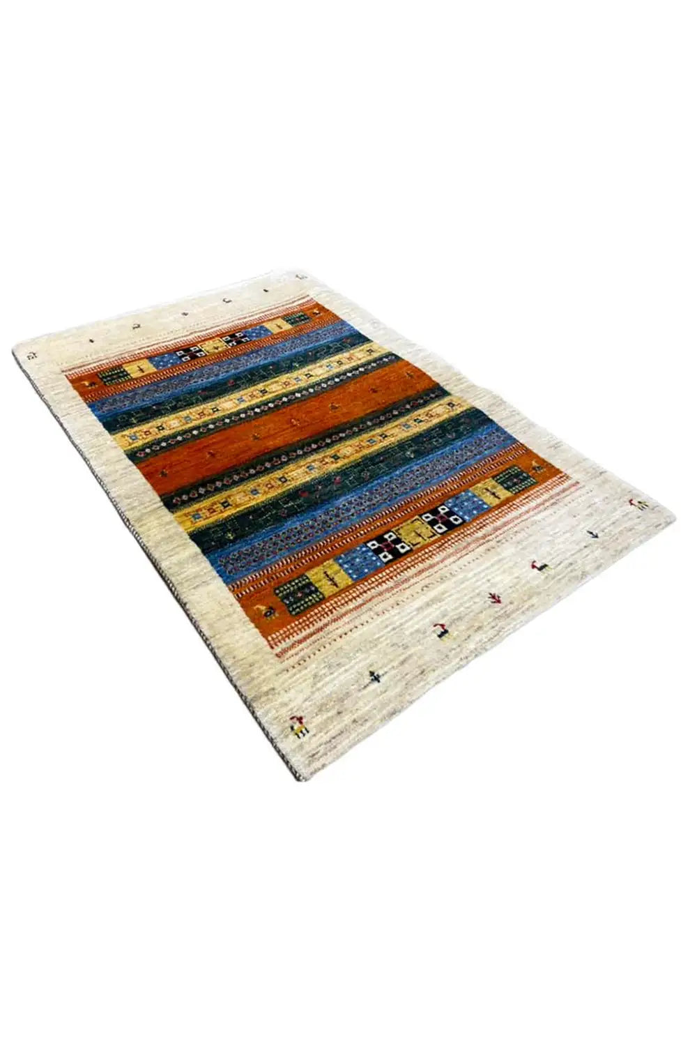 Rug with multicolored stripes and ornaments in orange, blue, and dark green