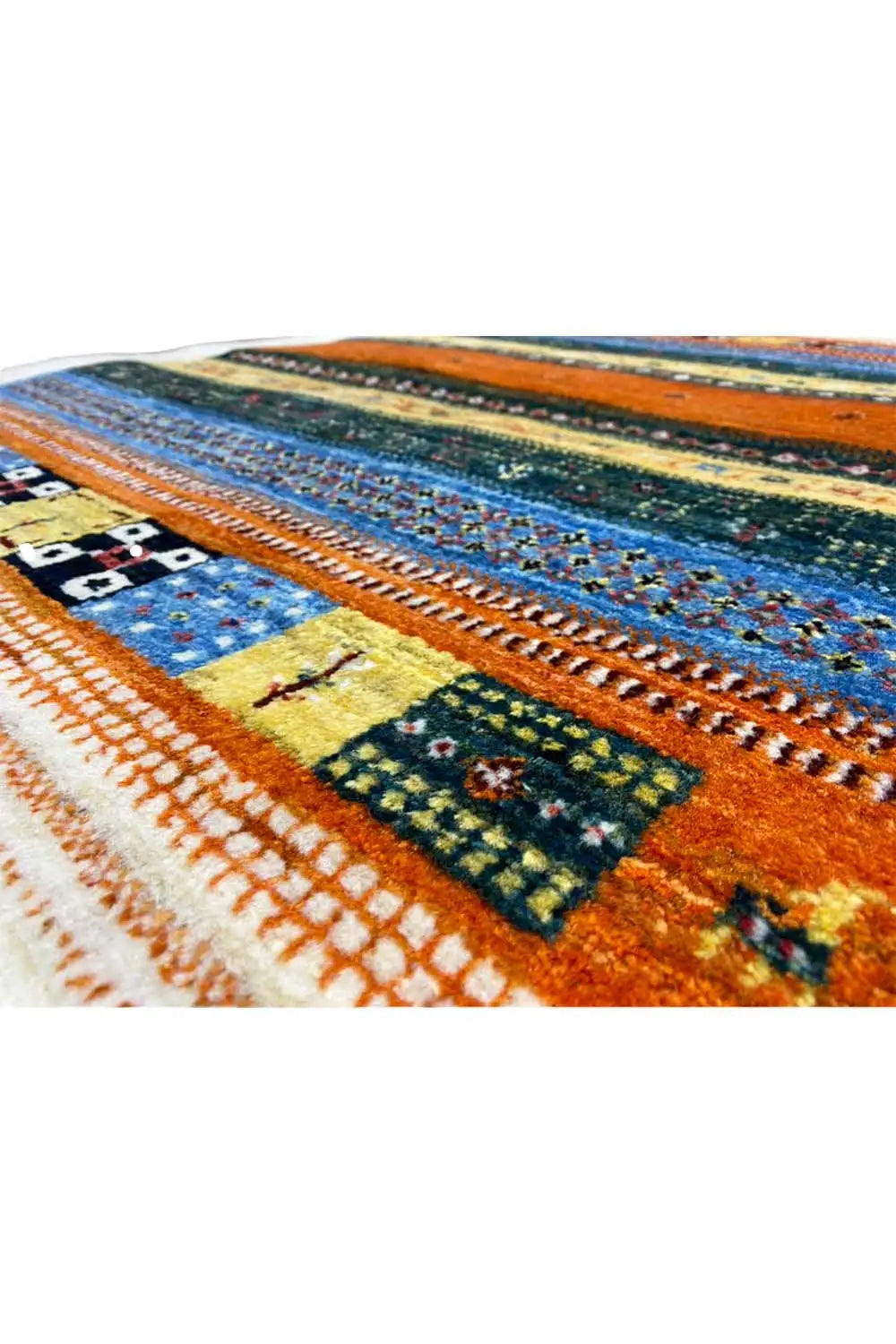 Close-up: carpet with colorful decorative panels and a border in orange, blue, and green